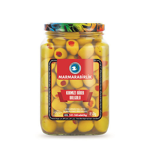 Picture of MARMARABIRLIK Green Olives w/Red Peppers 4XL 850g